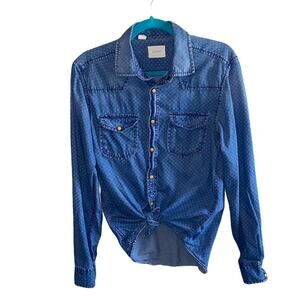 Jachs Printed Denim Button Up Shirt Small Western Chambray Long Sleeve Top
